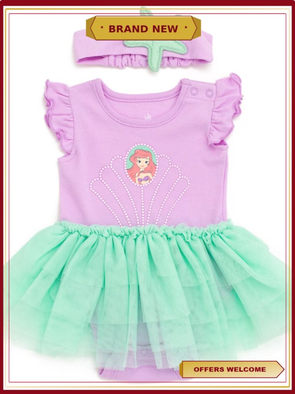 Disney Princess Ariel Cosplay Bodysuit Dress Headband Newborn Infant